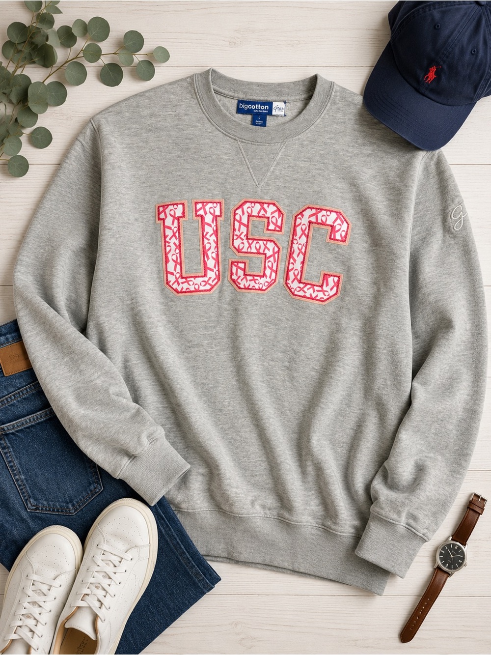 USC Big Cotton Gear Gray Pink Ribbon Appliqué Sweatshirt Size Large